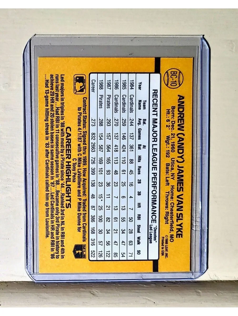 1989 Andy Van Slyke Donruss Baseball Card #BC-10